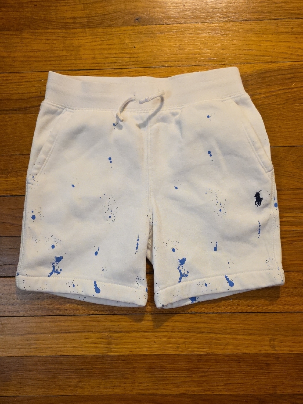NWOT Ralph Lauren White Knit Shorts with Blue Paint-Splatter SIZE 5 Boys